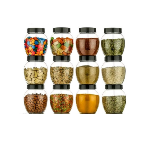 Woman's 1st Choice New Handi Shape Airtight Transparent Jar/Grocery Container/Storage Container/Container sets/Storage Jar/Masala Boxes/Freezer Safe Idle for Kitchen- Storage Box, Food Grain Rice Pasta Pulses Container - 400 Plastic Grocery Container (Pack of 12, black)